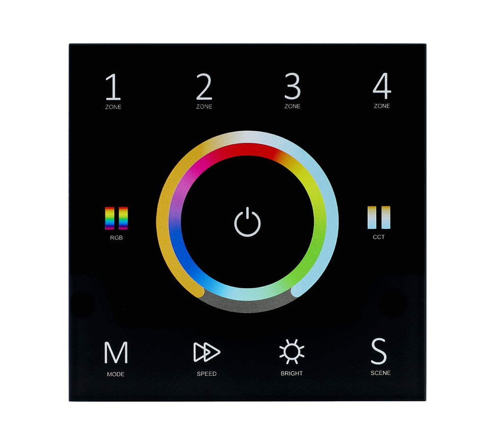 Elektrokon 5-Kanal DMX & RF LED Wandcontroller – 230V Touch-Glaspanel, Schwarz, 4-Zonen (RGB+CCT)