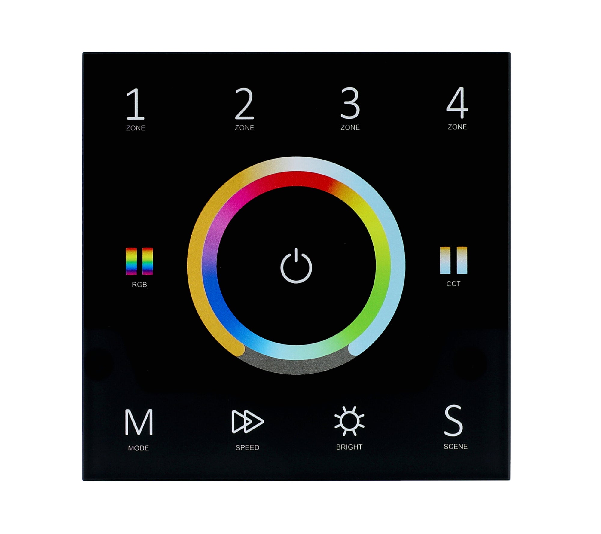 Elektrokon 5-Kanal DMX & RF LED Wandcontroller – 230V Touch-Glaspanel, Schwarz, 4-Zonen (RGB+CCT)