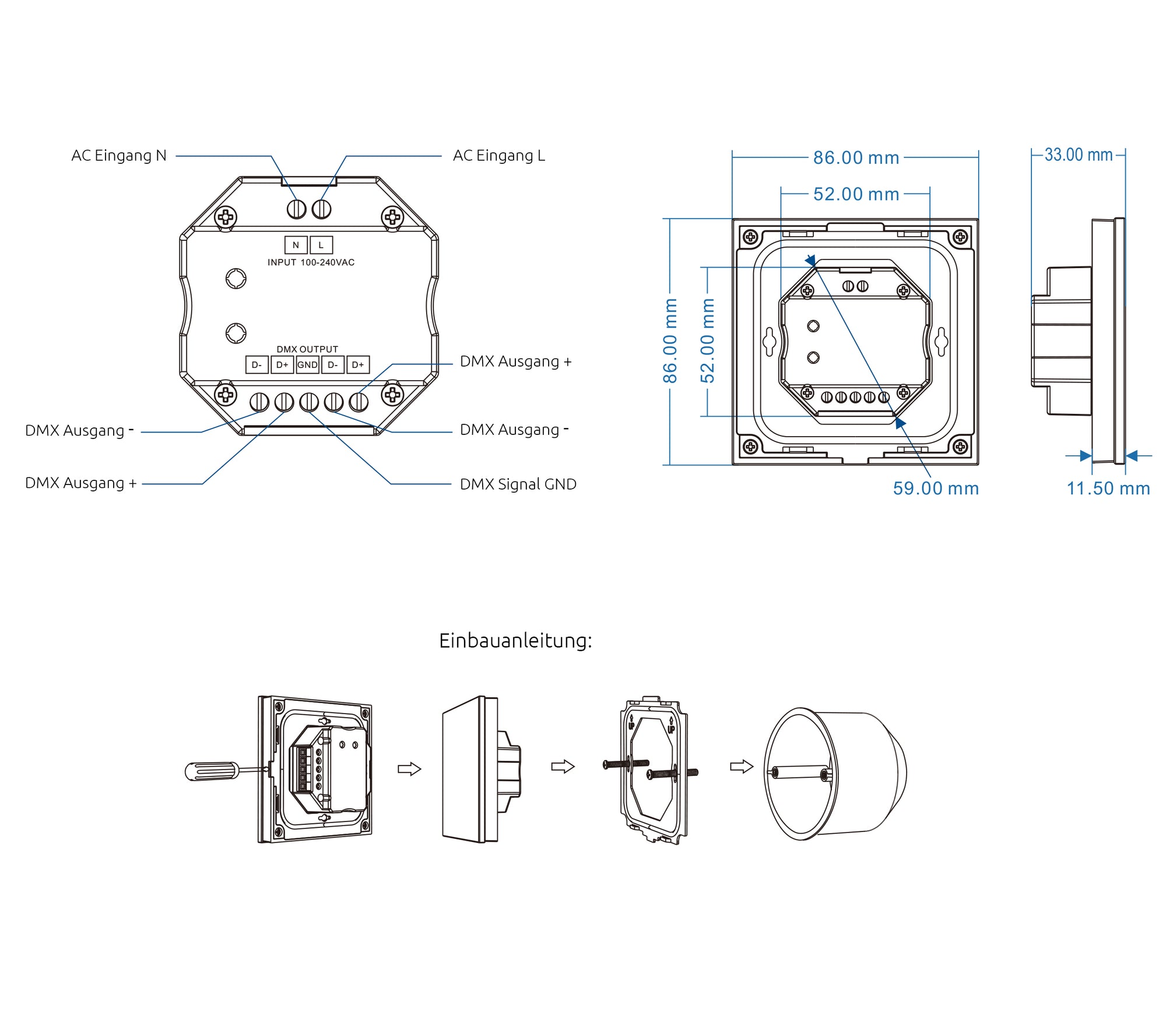 Elektrokon 5-Kanal DMX & RF LED Wandcontroller – 230V Touch-Glaspanel, Schwarz, 4-Zonen (RGB+CCT)