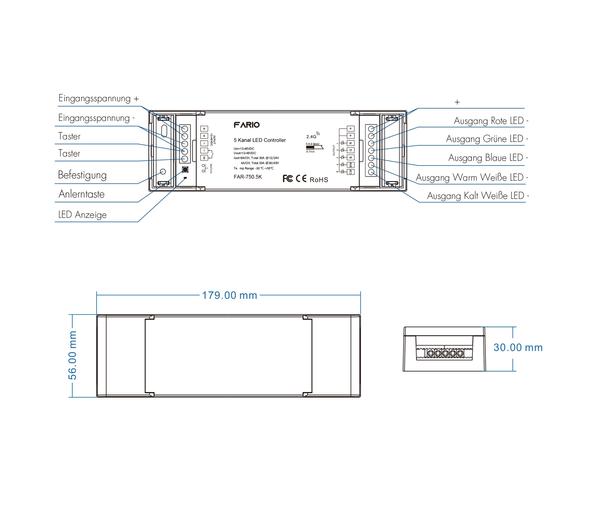 Elektrokon 5in1 RF LED Controller 12V-48V DC – Hochleistungs-Empfänger 5x6A für RGB+CCT, RGBW & Mono
