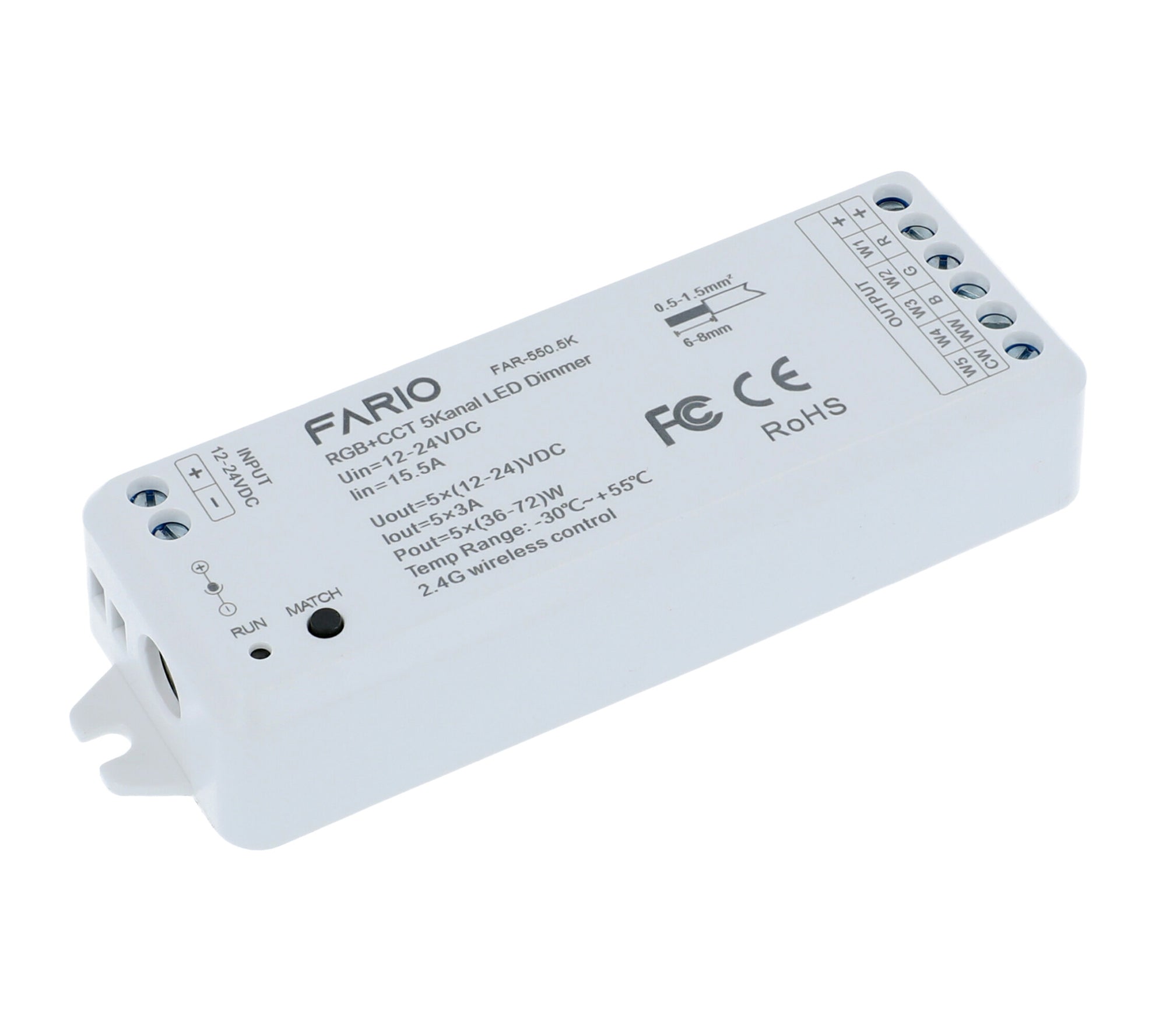 Elektrokon RF 5in1 LED Controller 12V-24V – Universal Funk-Empfänger für RGB+CCT, RGBW, CCT & Mono, 5x3A