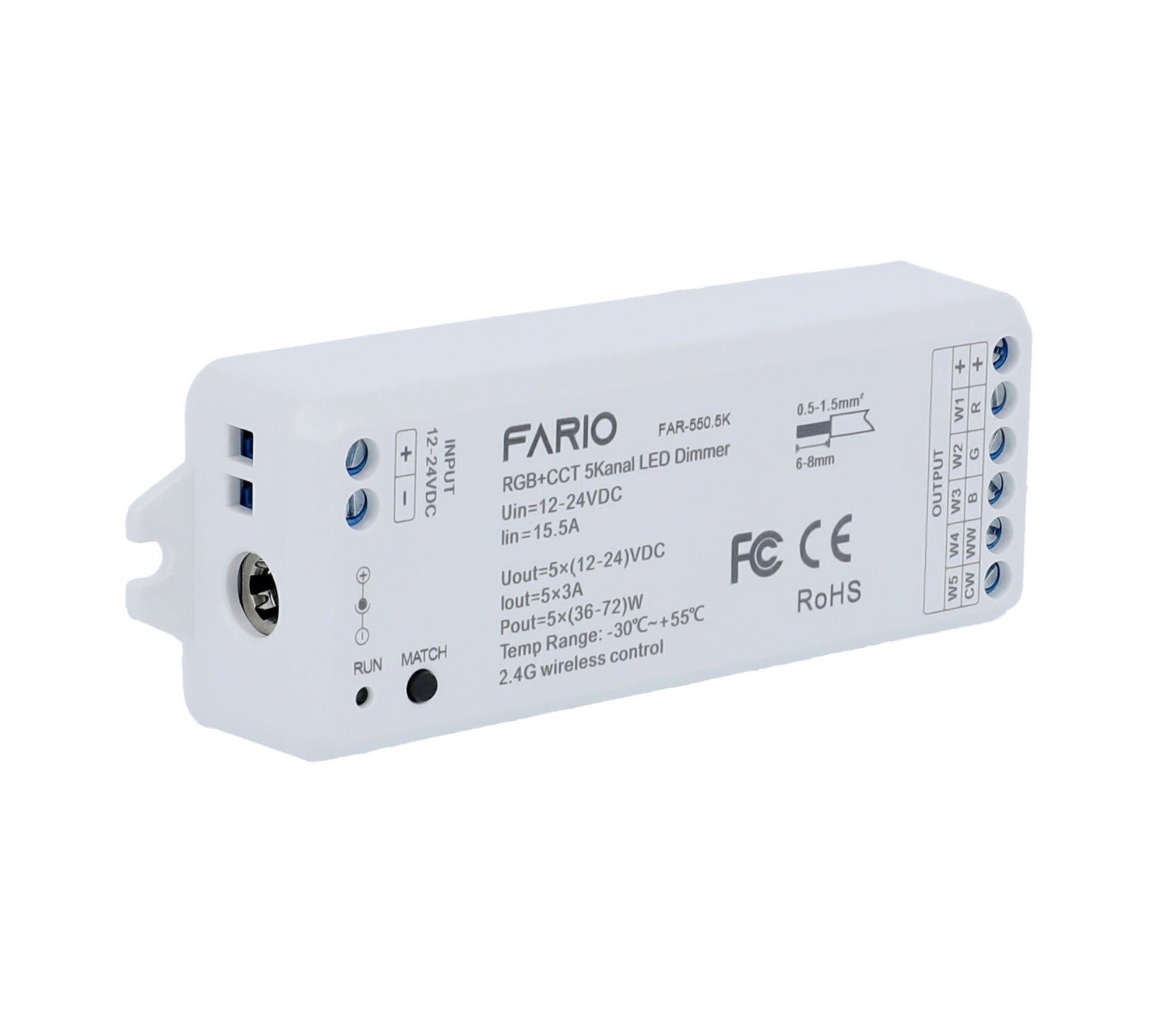 Elektrokon RF 5in1 LED Controller 12V-24V – Universal Funk-Empfänger für RGB+CCT, RGBW, CCT & Mono, 5x3A
