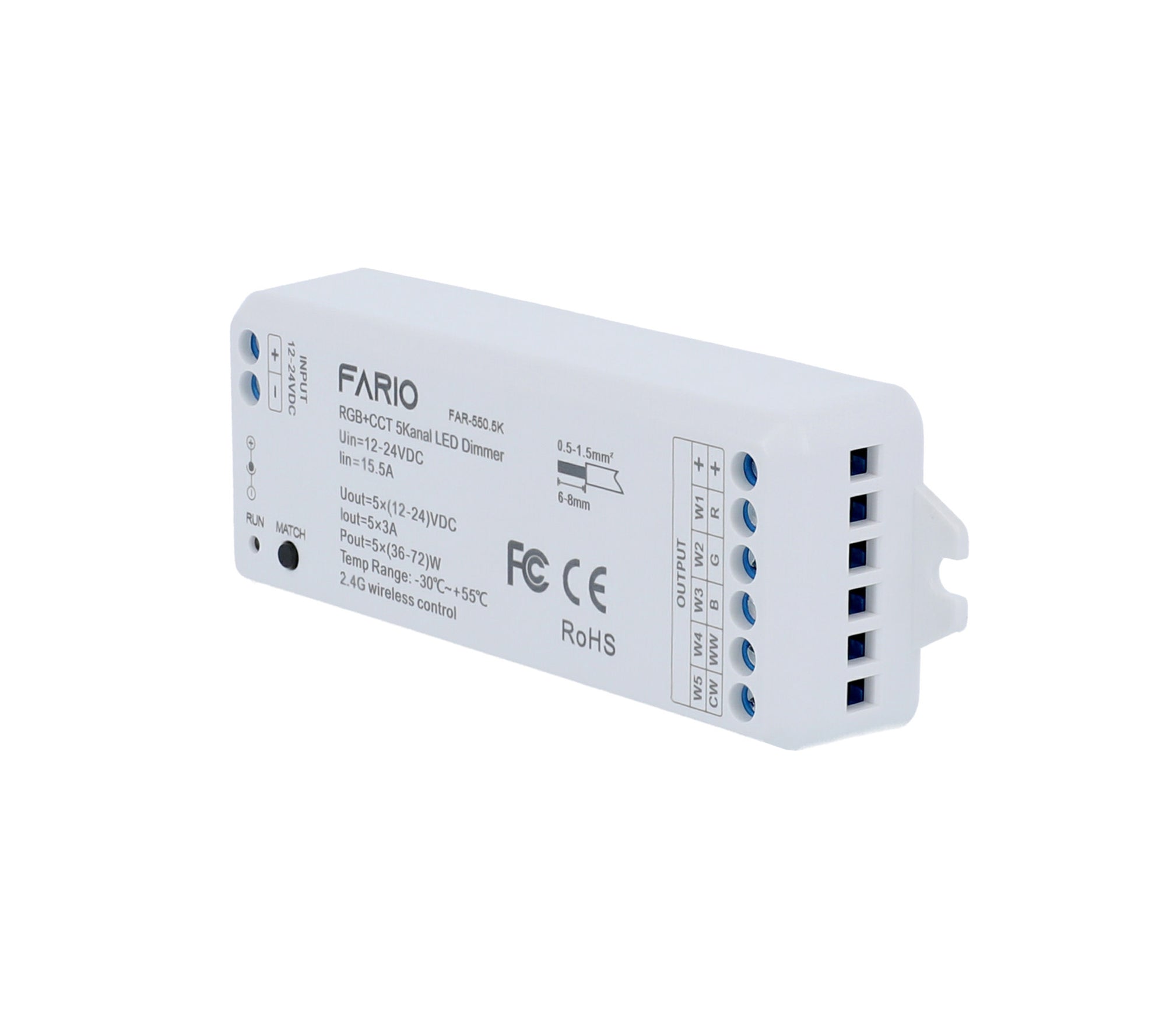 Elektrokon RF 5in1 LED Controller 12V-24V – Universal Funk-Empfänger für RGB+CCT, RGBW, CCT & Mono, 5x3A