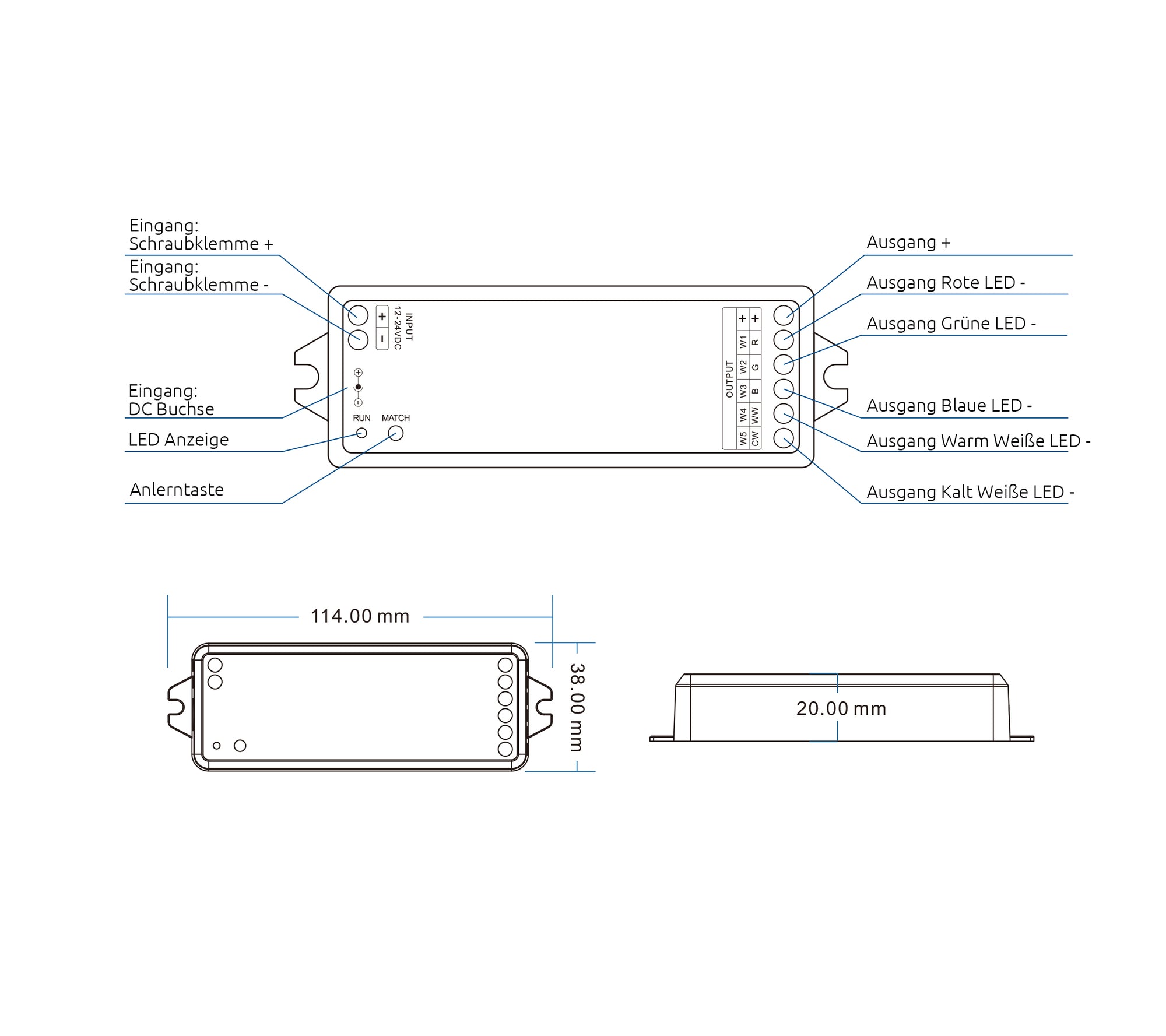 Elektrokon RF 5in1 LED Controller 12V-24V – Universal Funk-Empfänger für RGB+CCT, RGBW, CCT & Mono, 5x3A