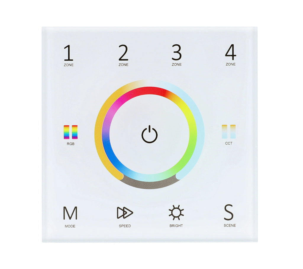 Elektrokon 5-Kanal DMX & RF LED Wandcontroller – 230V Touch-Glaspanel, 4-Zonen, Schwarz (Universal RGB+CCT)