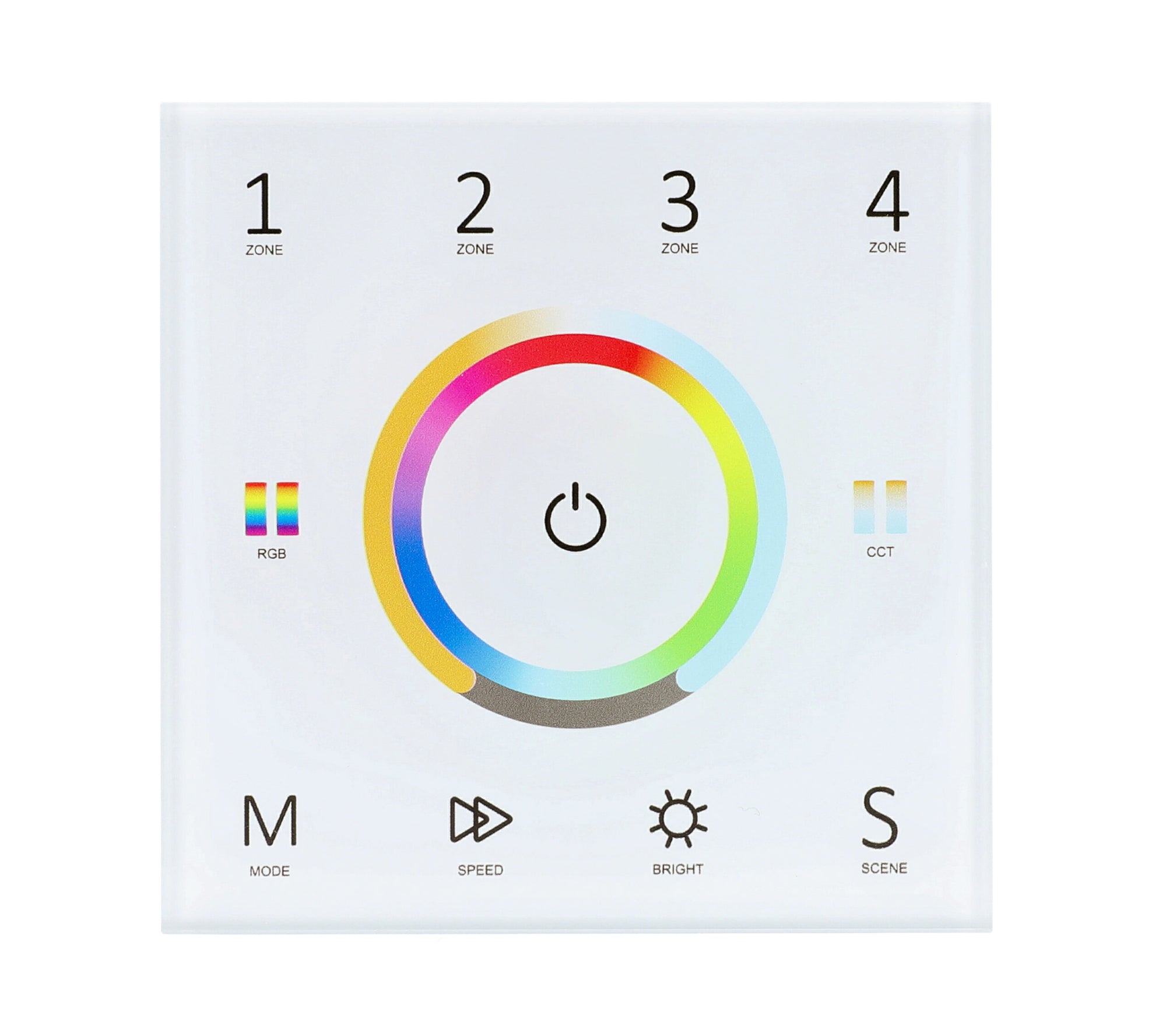 Elektrokon 5-Kanal DMX & RF LED Wandcontroller – 230V Touch-Glaspanel, 4-Zonen, Schwarz (Universal RGB+CCT)