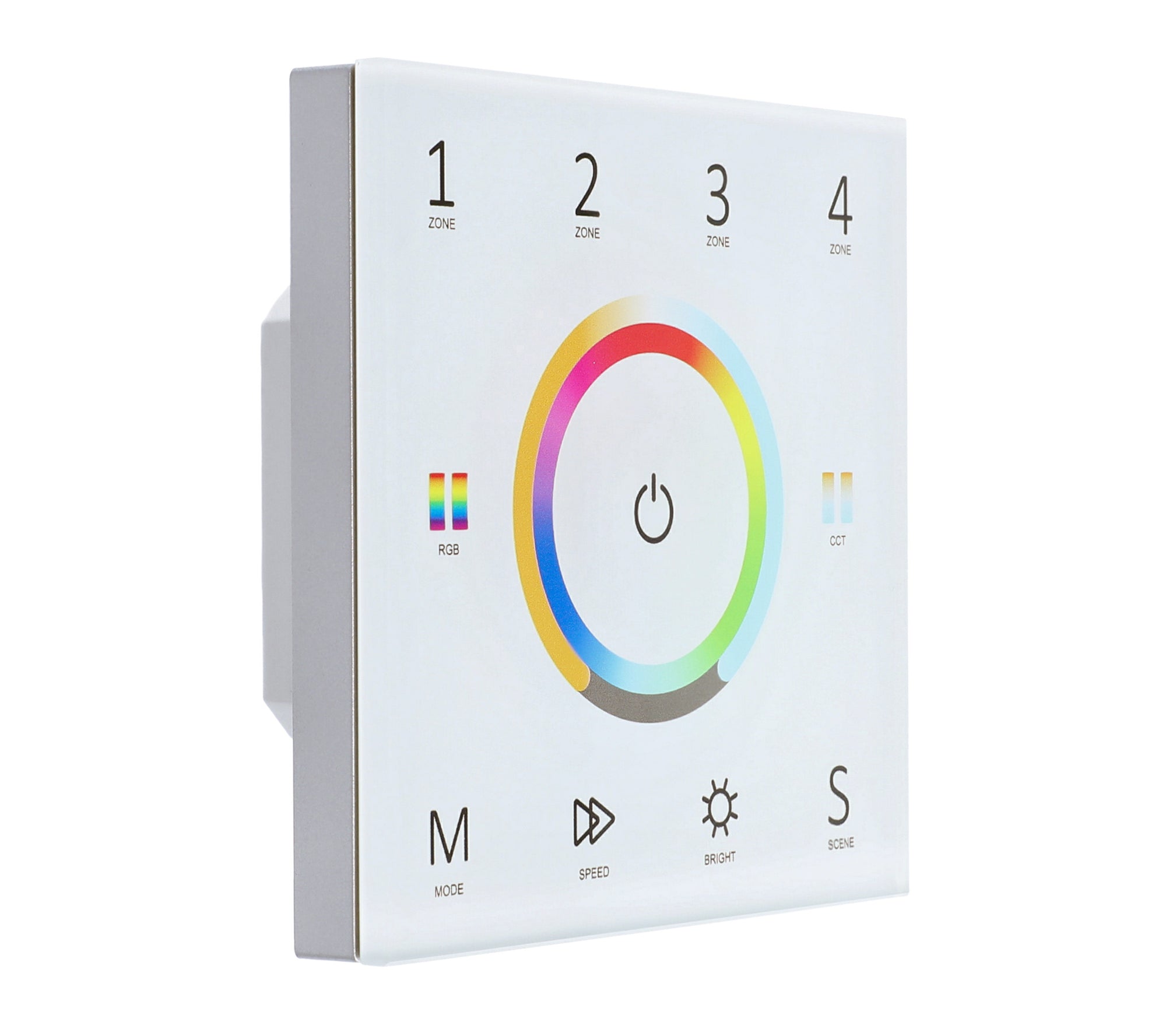 Elektrokon 5-Kanal DMX & RF LED Wandcontroller – 230V Touch-Glaspanel, 4-Zonen, Schwarz (Universal RGB+CCT)