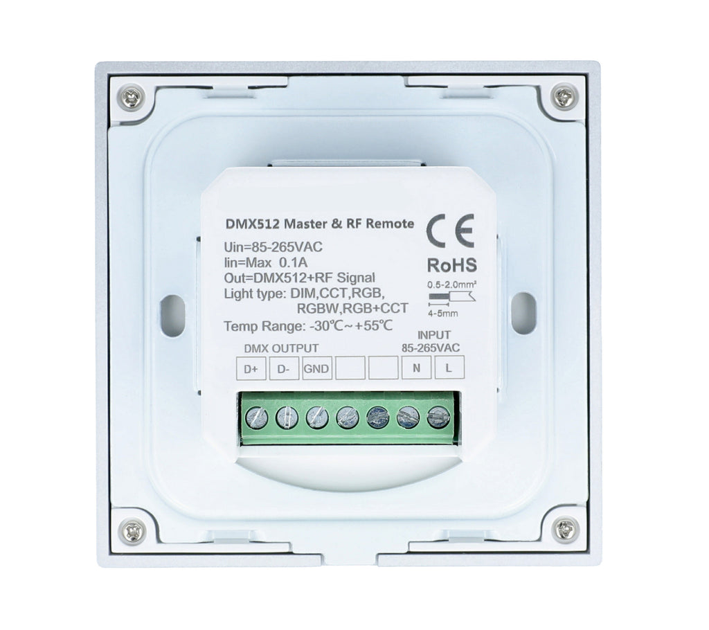 Elektrokon 5-Kanal DMX & RF LED Wandcontroller – 230V Touch-Glaspanel, 4-Zonen, Schwarz (Universal RGB+CCT)