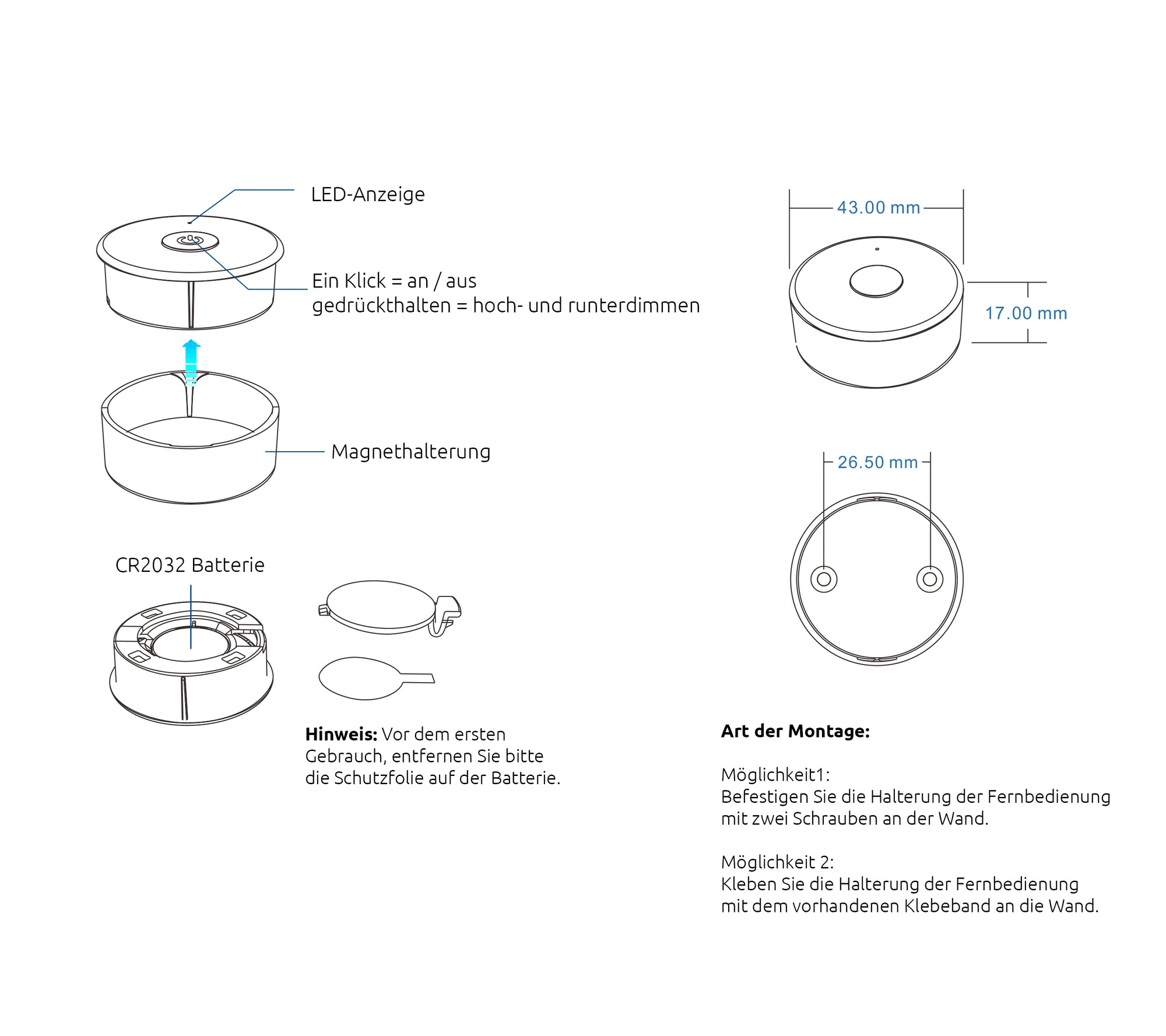 Elektrokon Mini-Rund RF LED Fernbedienung – 1-Zone Funk-Dimmer, Magnetisch, Schwarz