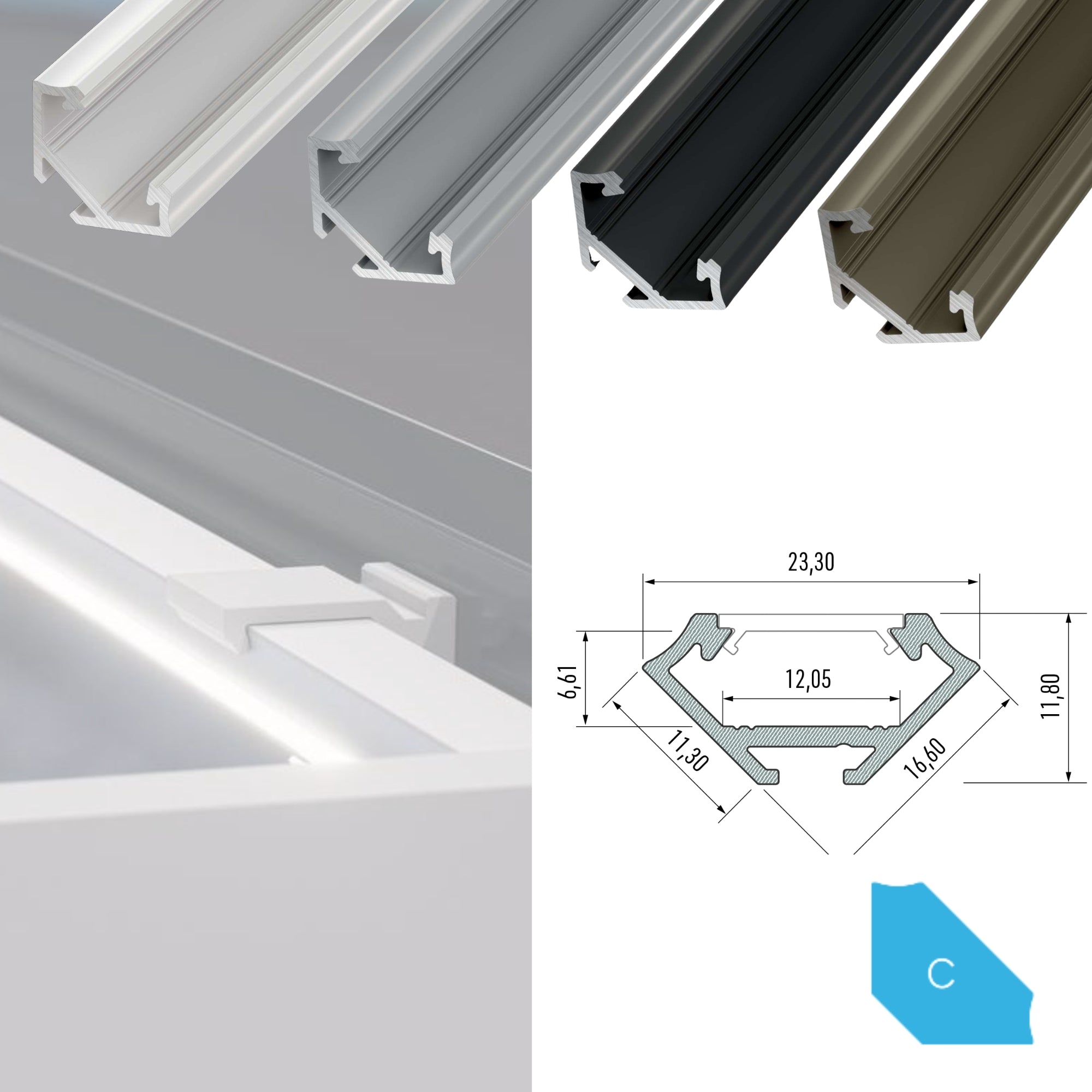 LED Aluminium Aufbauprofil Typ C - 202cm Stangenware