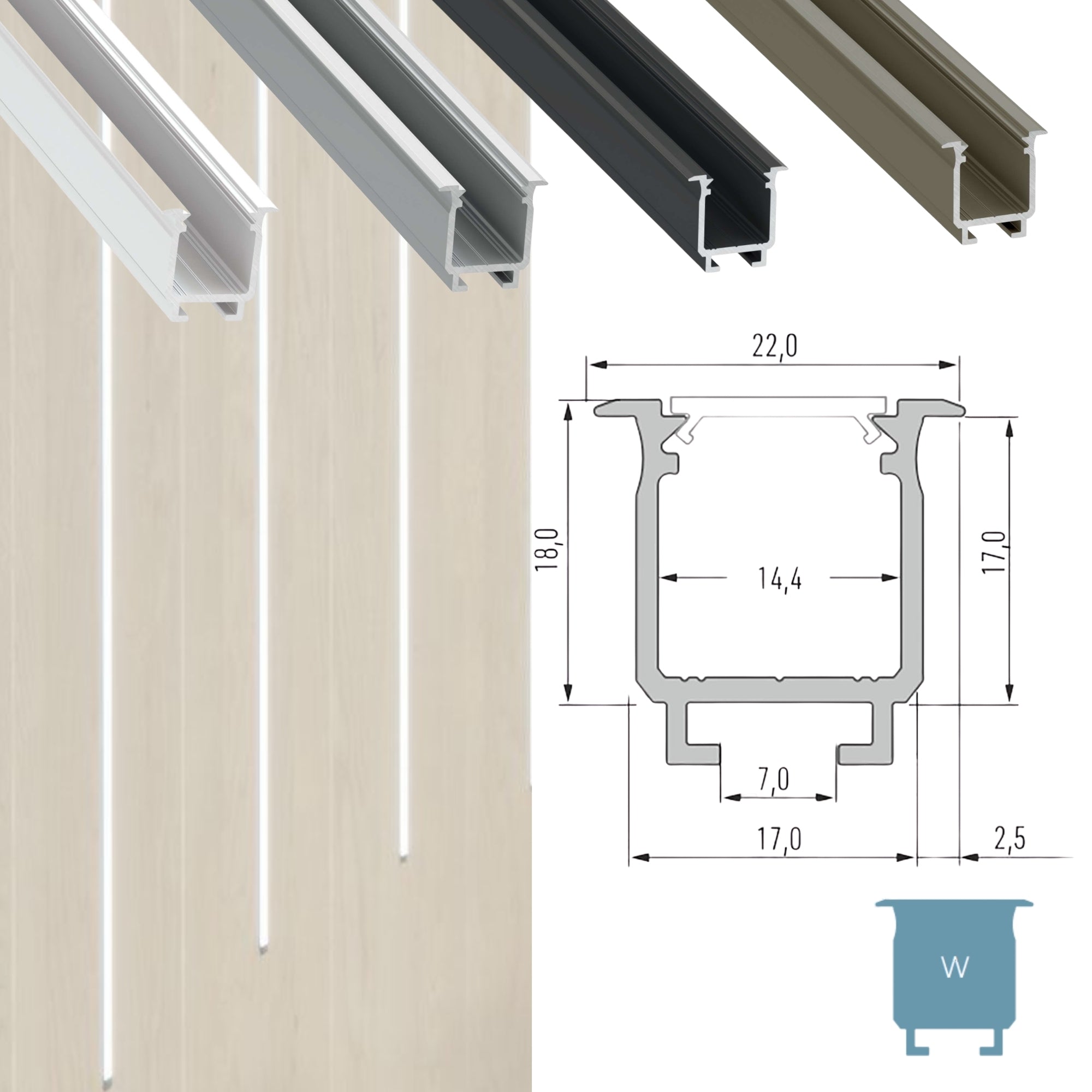 LED Aluminium Einbauprofil Typ W – 202cm Stangenware