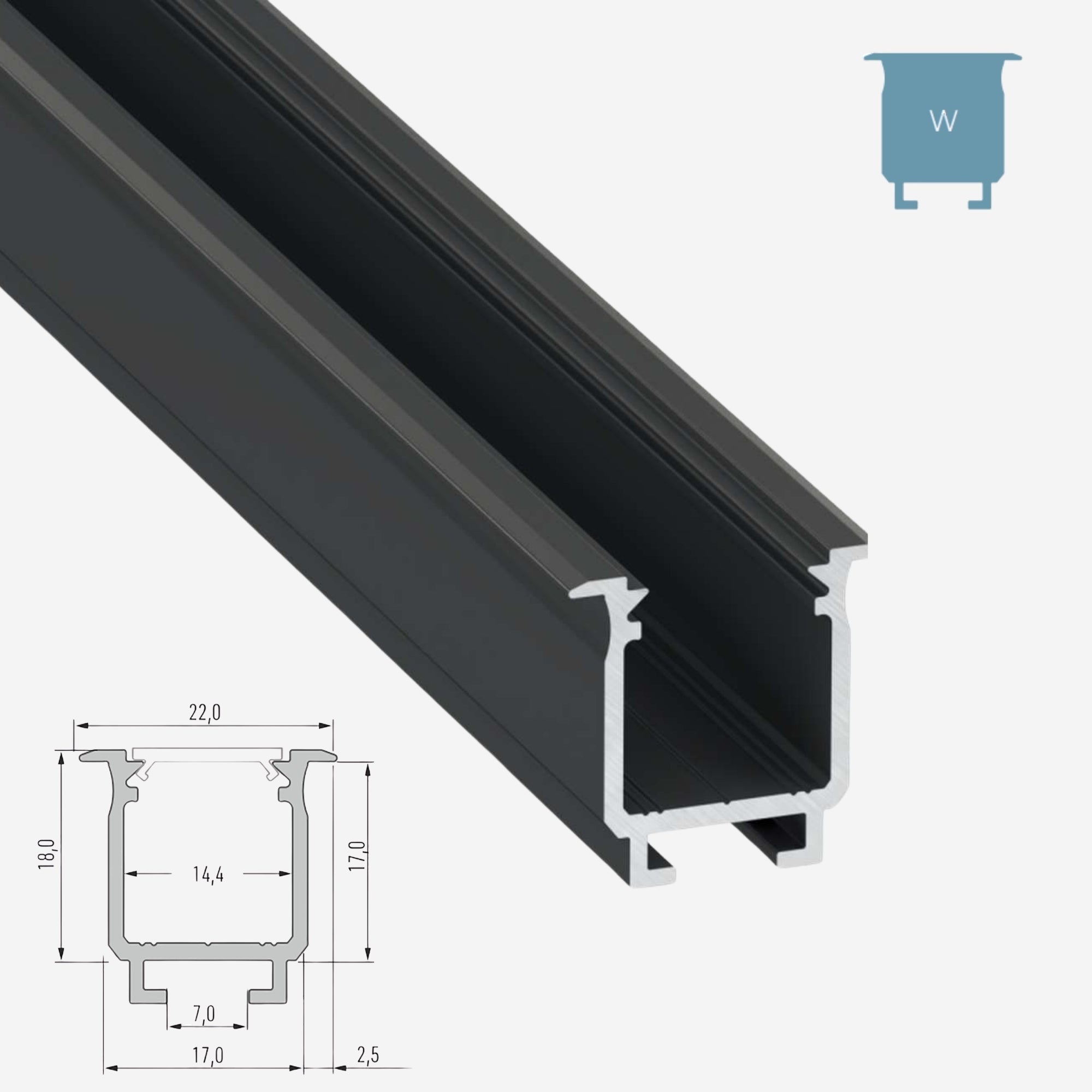 LED Aluminium Einbauprofil Typ W – 202cm Stangenware
