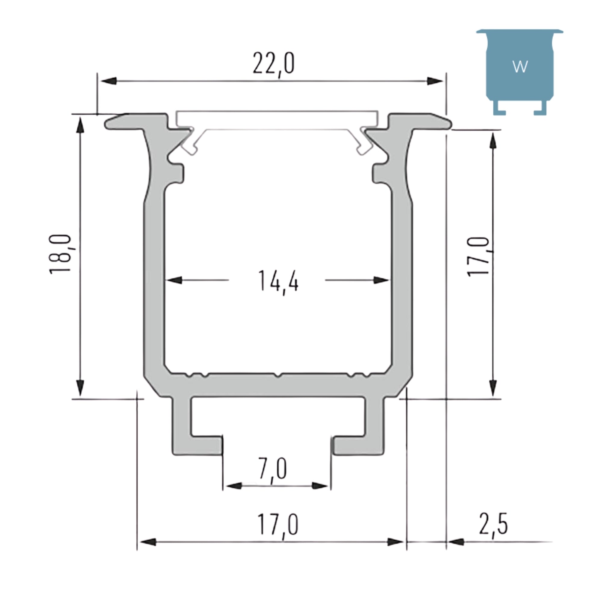 LED Aluminium Einbauprofil Typ W – 202cm Stangenware