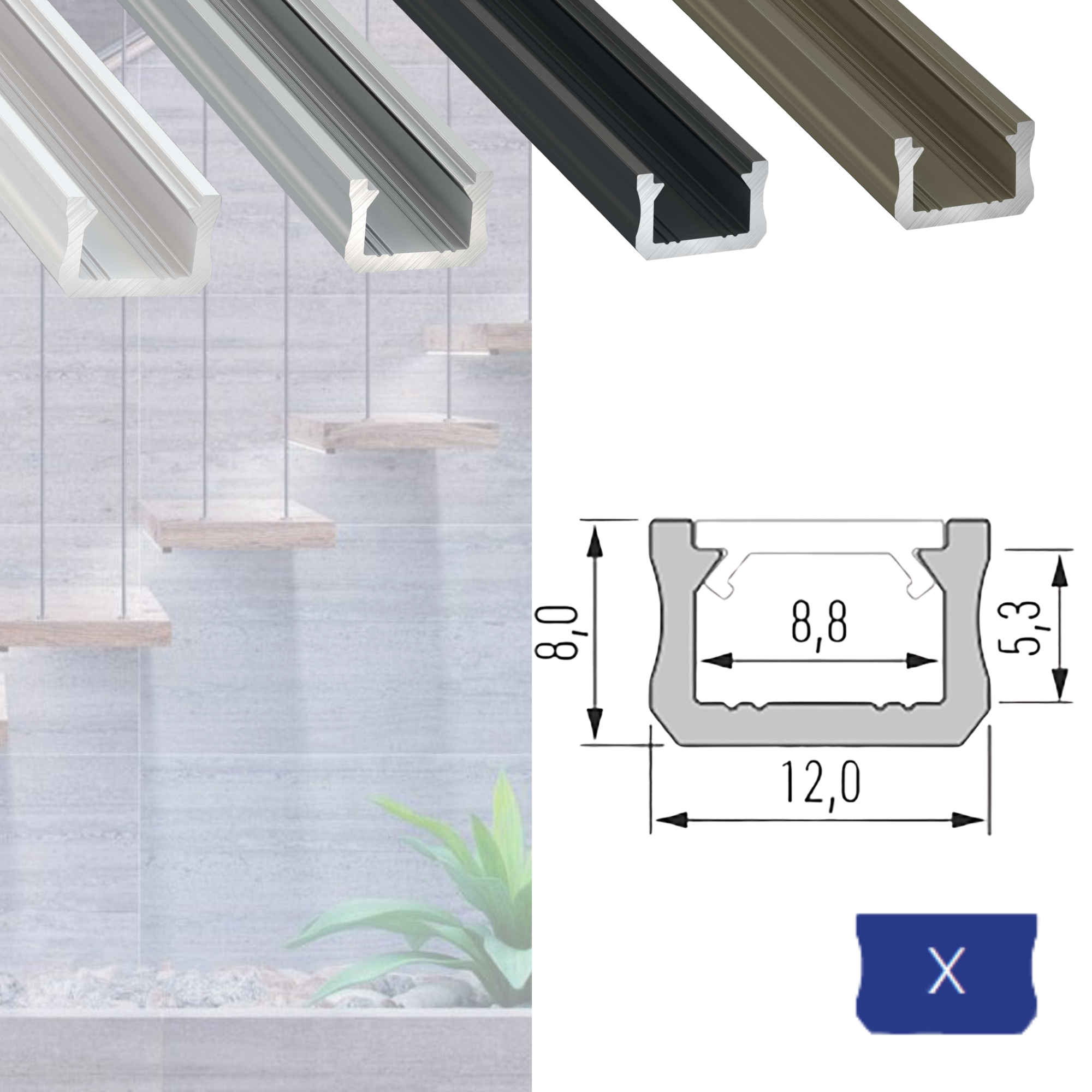 LED Aluminium Aufbauprofil Typ X - 202cm Stangenware