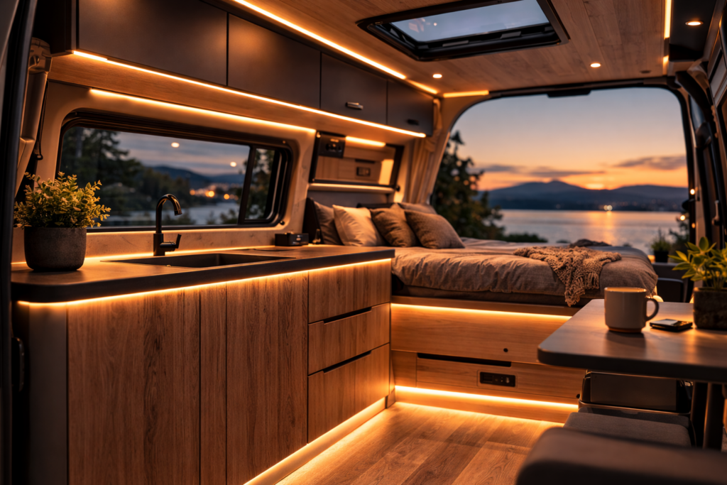 LED-Streifen von Elektrokon in einem modernen Camperumbau eingebaut COB warmweiß